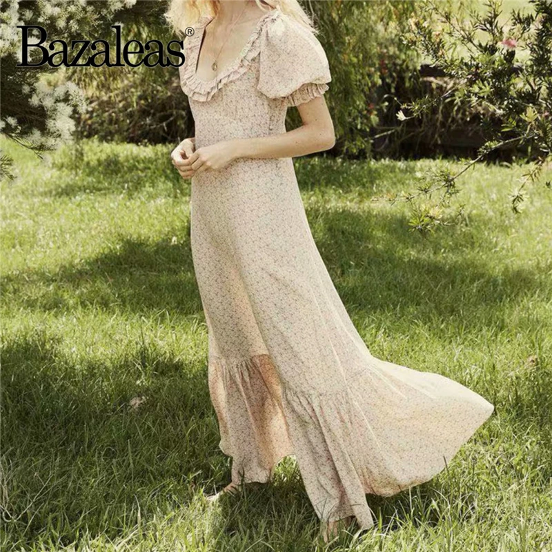 Bazaleas Элегантное летнее платье с оборками винтажное длинное платье с цветочным принтом модное платье с пышными рукавами в стиле ретро корейские вечерние платья Прямая поставка