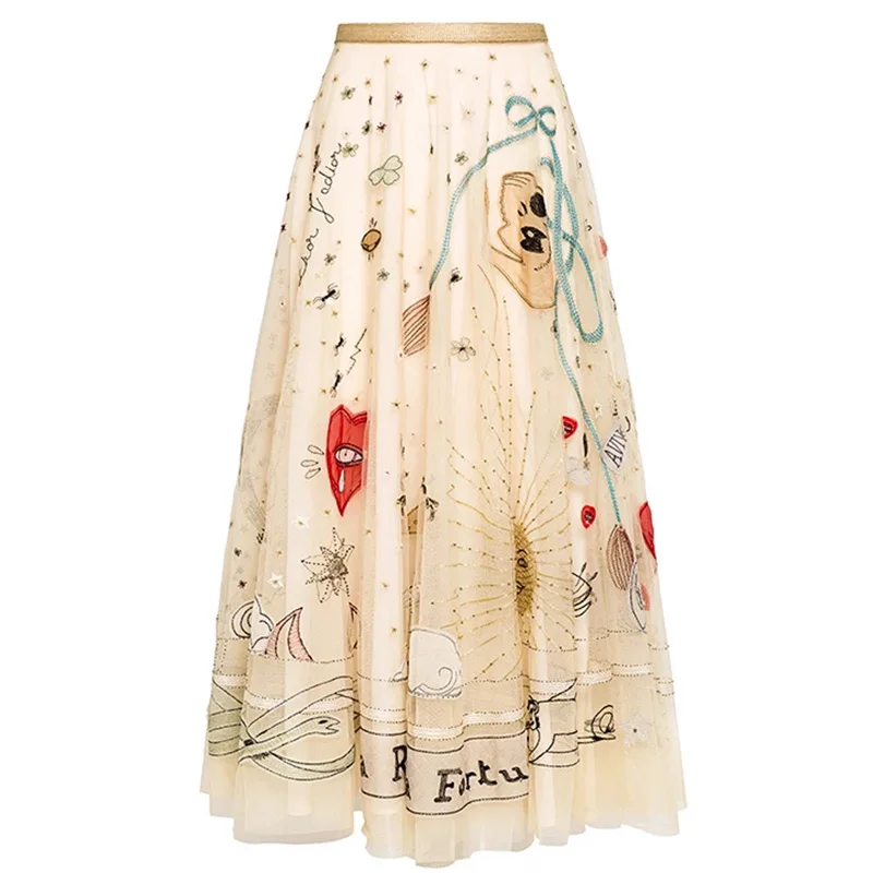 Высококачественные сетчатые юбки с вышивкой, весна-лето, Модная элегантная юбка с высокой талией, S396