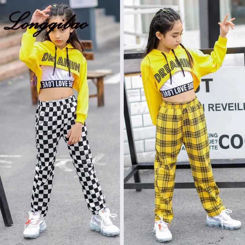 Menino e Menina Primavera e Outono Preto e Branco Crianças com Capuz Dança Traje Conjunto Xadrez Novas Umbilical Hip Hop Rua