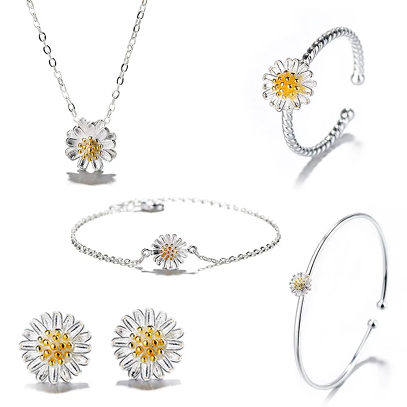 

925 Sterling Silver Daisy Flower Charm Necklaces & Pendants Earring Ring Bracelet Jewelry Set For Women Choker Collar dz738