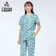 Женская униформа медсестры с коротким рукавом и v-образным вырезом и принтом собаки, Женская Хирургическая Одежда для домашних животных, больница, хлопковые топы с эффектом потертости, Стоматологическая Рабочая одежда