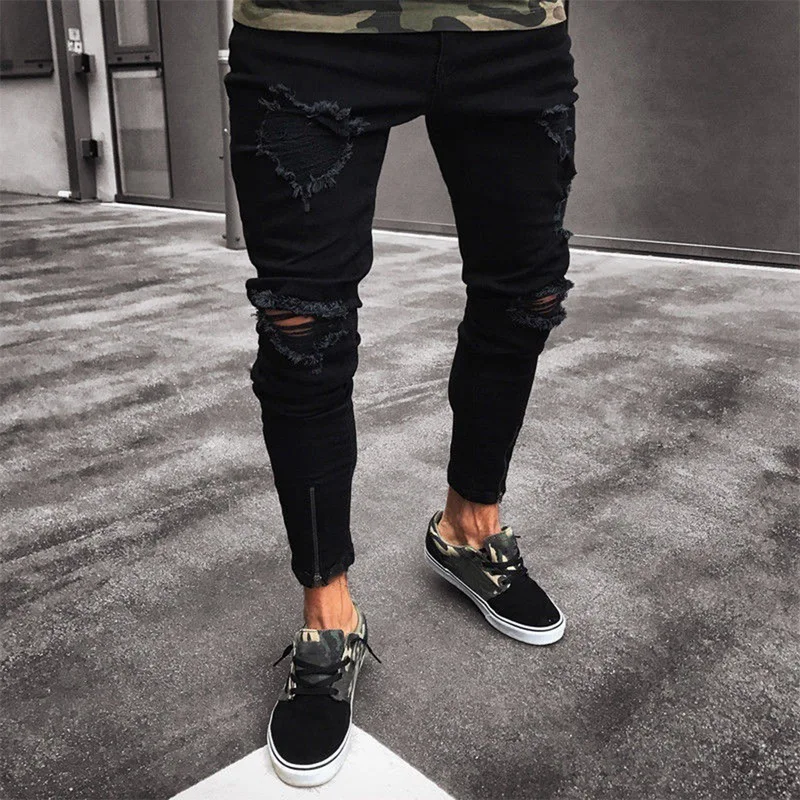 Mens Ripped Jeans for men Casual Black Blue Skinny slim Fit Denim Pants Biker Hip Hop Jeans with sexy Holel Denim Pants Mens Ripped Jeans for men Casual Black Blue Skinny slim Fit Denim Pants Biker Hip Hop Jeans with sexy Holel Denim Pants