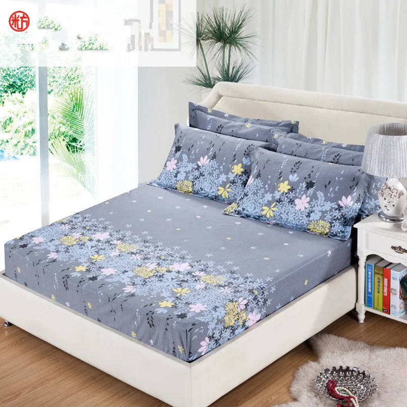 3pcs/set Bedding rubber fitted bed sheet +pillowcase gray flower