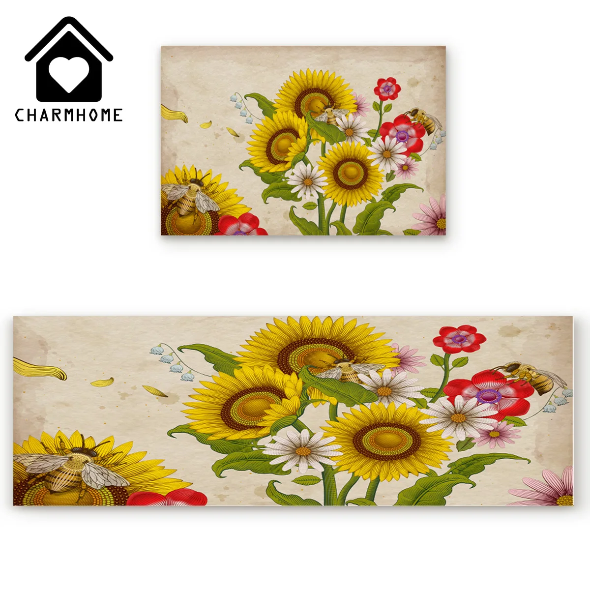 CHARMHOME 2Pcs/Set Bee Sunflower Long Kitchen Mat Bath Carpet Floor Mats Home Entrance Doormat Tapete Bedroom Living Room Rug