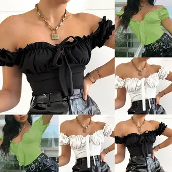 

2019 Ladies Women Jumpsuit Summer Bodysuit Sexy Off Shoulder Short Sleeve Bow Solid Stretch Leotard Top