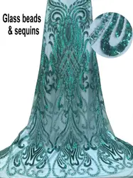 (5 ярдов/шт) Высший сорт Африканский французский чистая кружевной ткани с повторяющийся блестками и бисером вышивка для праздничное платье