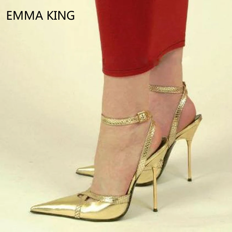

12CM Gold Super Stiletto Heels Shallow Metal Buckle Heels Large Size Patent Leather Shoes Women Pointed Toe Ladies Party Pumps