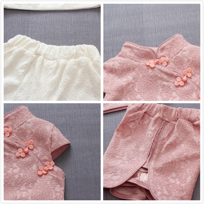 Комплект летней одежды для маленьких девочек; Модный комплект одежды для новорожденных с короткими рукавами и пуговицами «сделай сам»; кружевные хлопковые комплекты одежды в китайском стиле для маленьких девочек