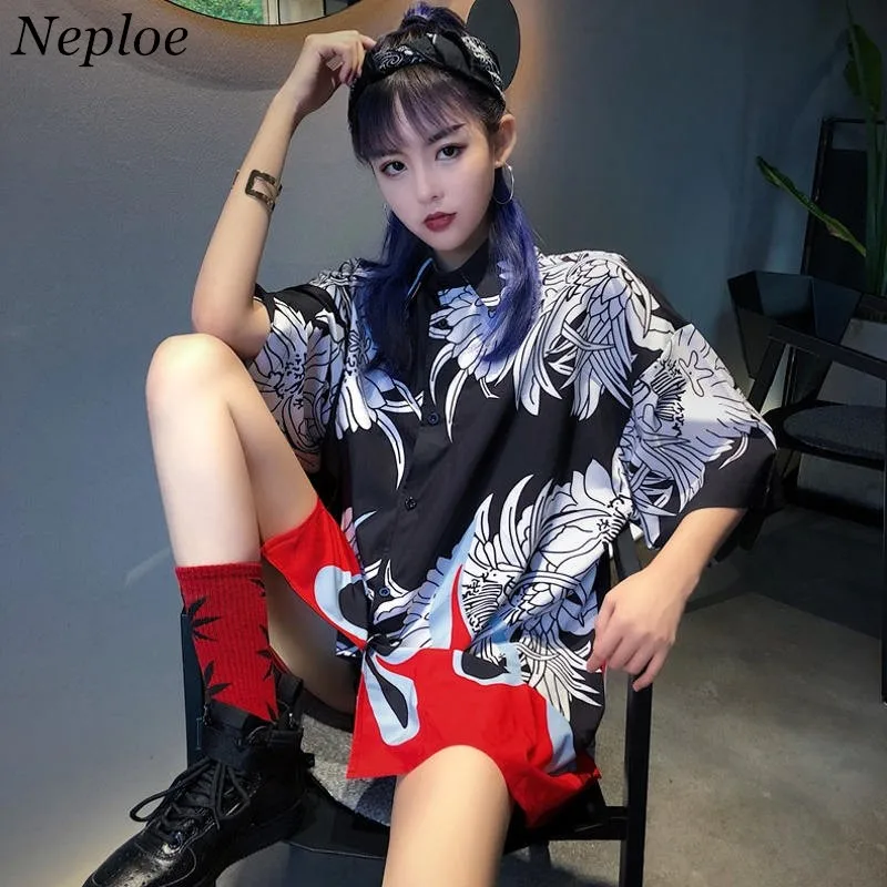 

Neploe Blusas Top Vintage Printed Blouses Short Sleeve Shirt Woman Summer Harajuku Blouse Causal BF Style Oversized Shirts 36313