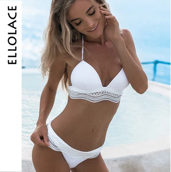 

Ellolace Sexy Bikini Set With Lace Patchwork 2019 Swimsuit Vacation Female Separate Solid Two-Piece Sets Sexy Micro Swimwear
