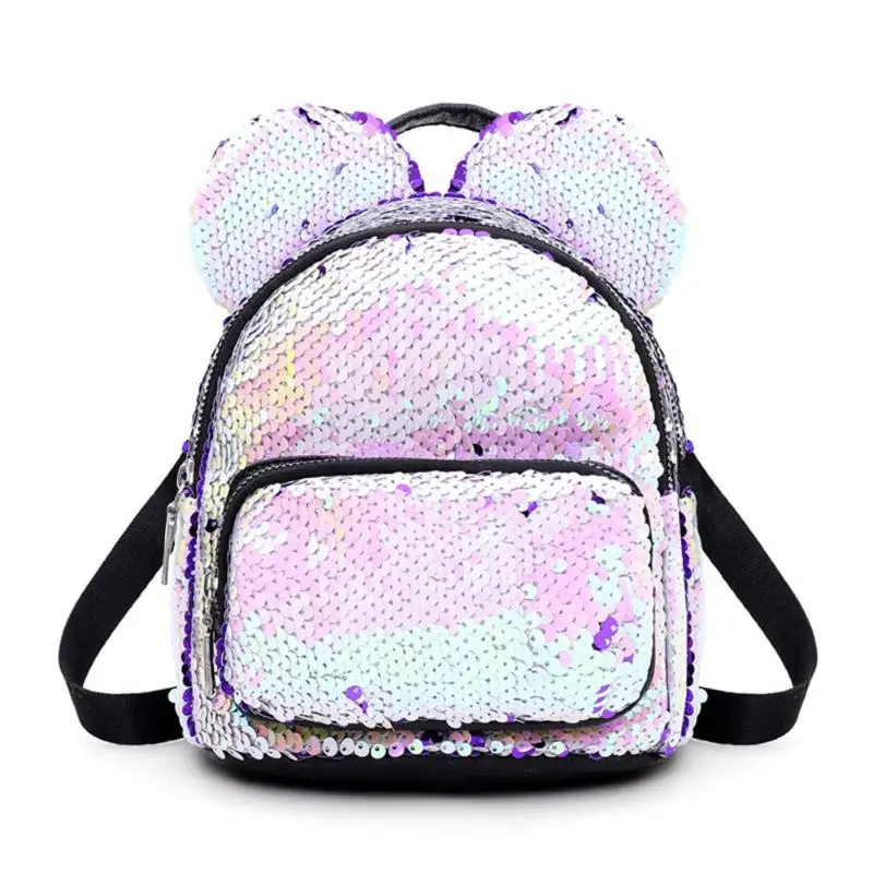 New Baby Girls Kids Backpack Mouse Ears Bags Kids Fashion Mini School Bag Women Travel Sequins Backpack Mini Bag Dropshipping - Цвет: Purple