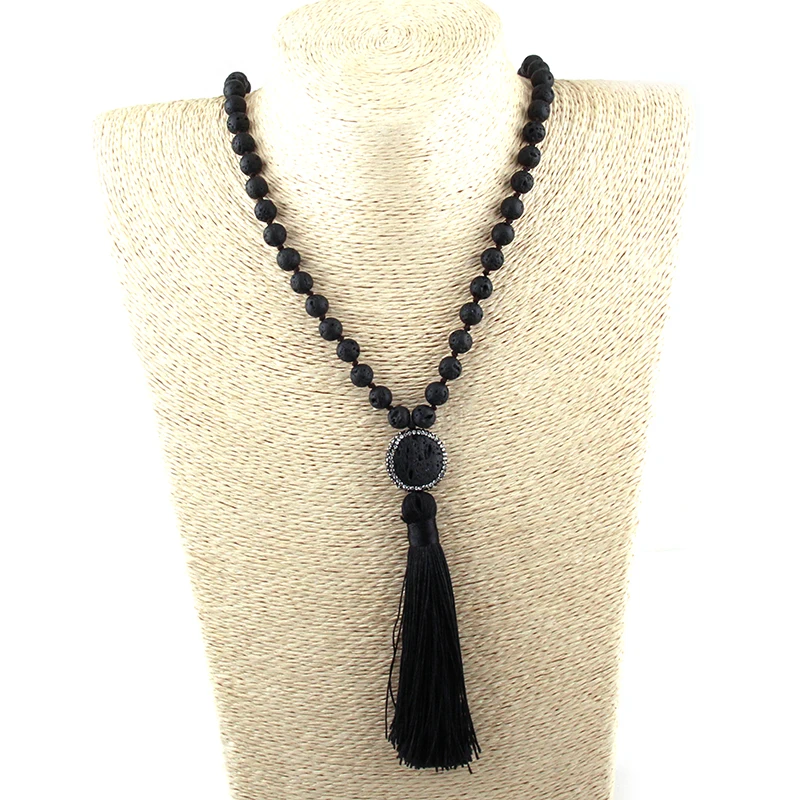 Богемное этническое ювелирное изделие, модное ожерелье с длинной кисточкой из черной лавы/белых камней