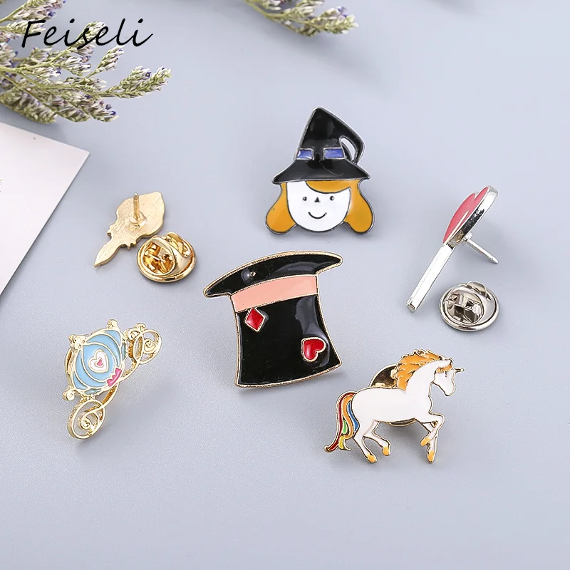 

Feiseli Enamel Magician Magic Hat Fairy Pumpkin Car Unicorn Brooch For Girls Cute Love Heart Mirror Corsage Collar Pins