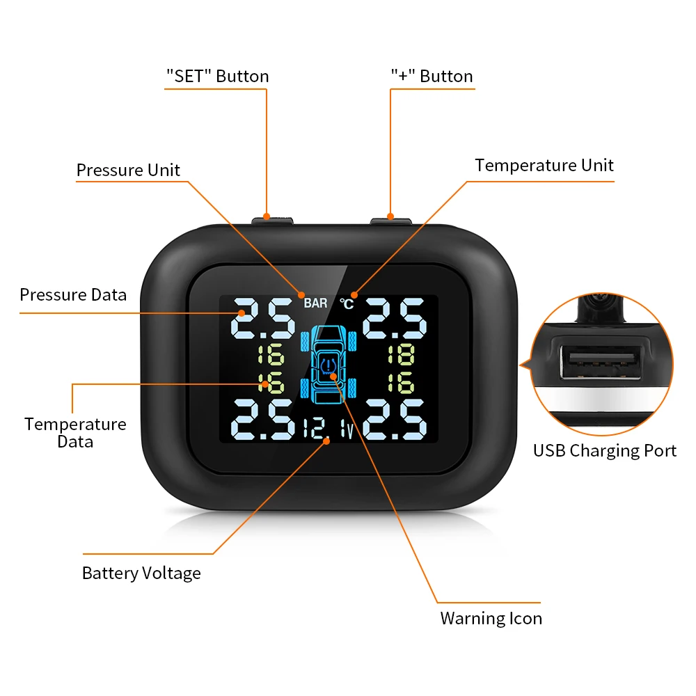  Coche TPMS encendedor USB Plug USB Sistema de Monitoreo de presión de 4 sensores externos PSI BAR e