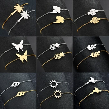 

Fashion Stainless Steel Charm Bracelet With Leaf Handcuffs Coconut Tree Adjustable Simple Bracelets Woman Jewelry Party Gifts