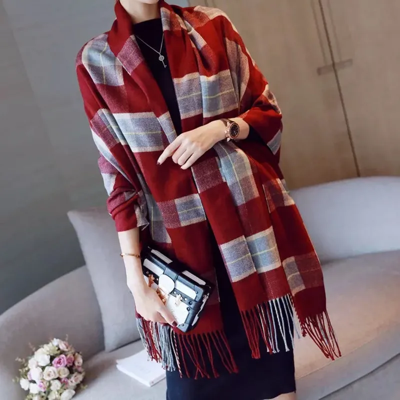 

Mingjiebihuo Autumn and winter new classic Scottish lattice tassel blend scarf thick warm shawl Fashion