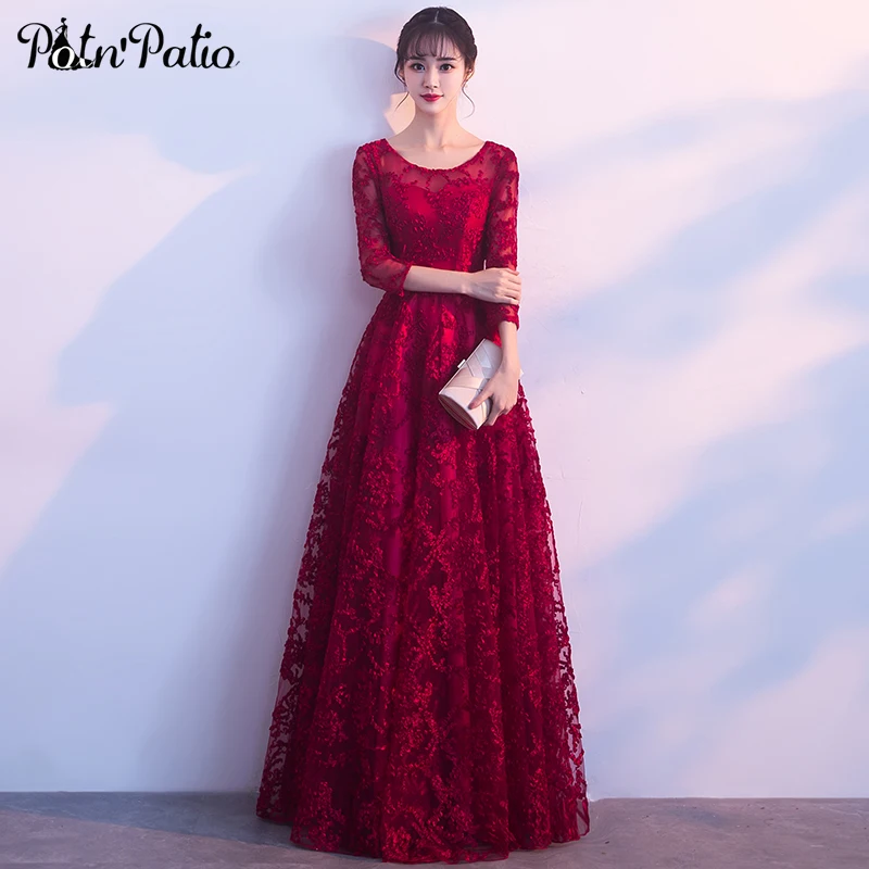 PotN'Patio Red Lace Evening Dresses Elegant O neck 3/4 Sleeves A line ...