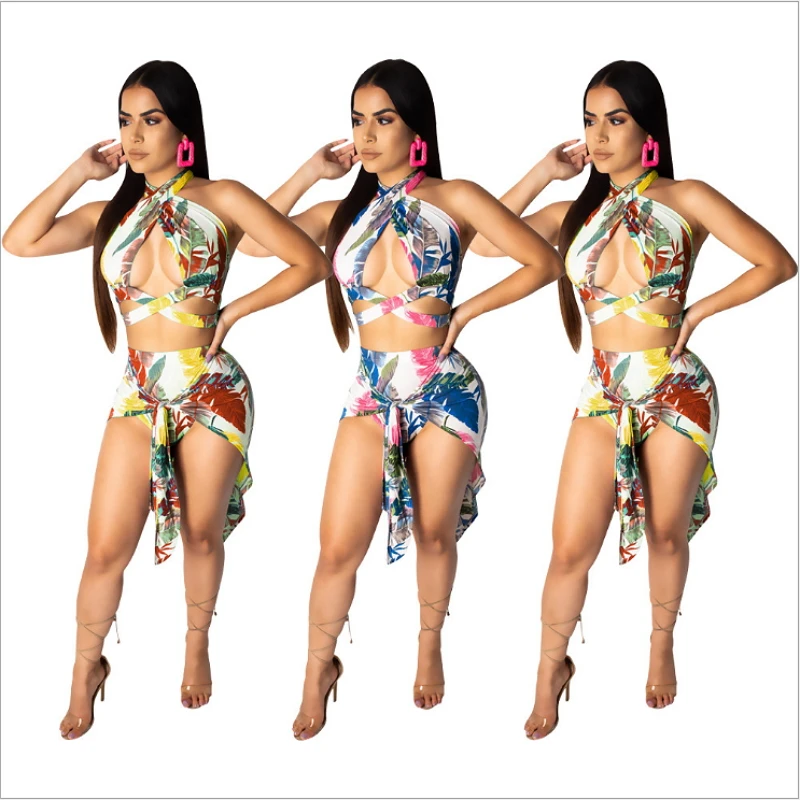 

Floral Print Two Piece Set Backless Crop Top Cut Out Asymmetrical Cloak Mini Sexy Outfits Mori Girl Summer Style 2019 Strapless
