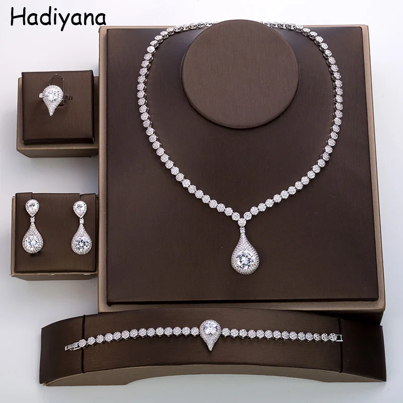 Ювелирные наборы HADIYANA, горячая Распродажа, капли воды, элегантный дизайн, циркон, 4 шт, набор, для женщин, помолвка, Свадебные ювелирные издел... Ювелирные наборы HADIYANA, горячая Распродажа, капли воды, элегантный дизайн, циркон, 4 шт, набор, для женщин, помолвка, Свадебные ювелирные издел...