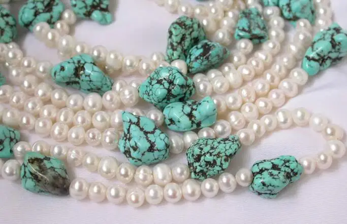 

3484 blue Turquoise white round pearl necklace