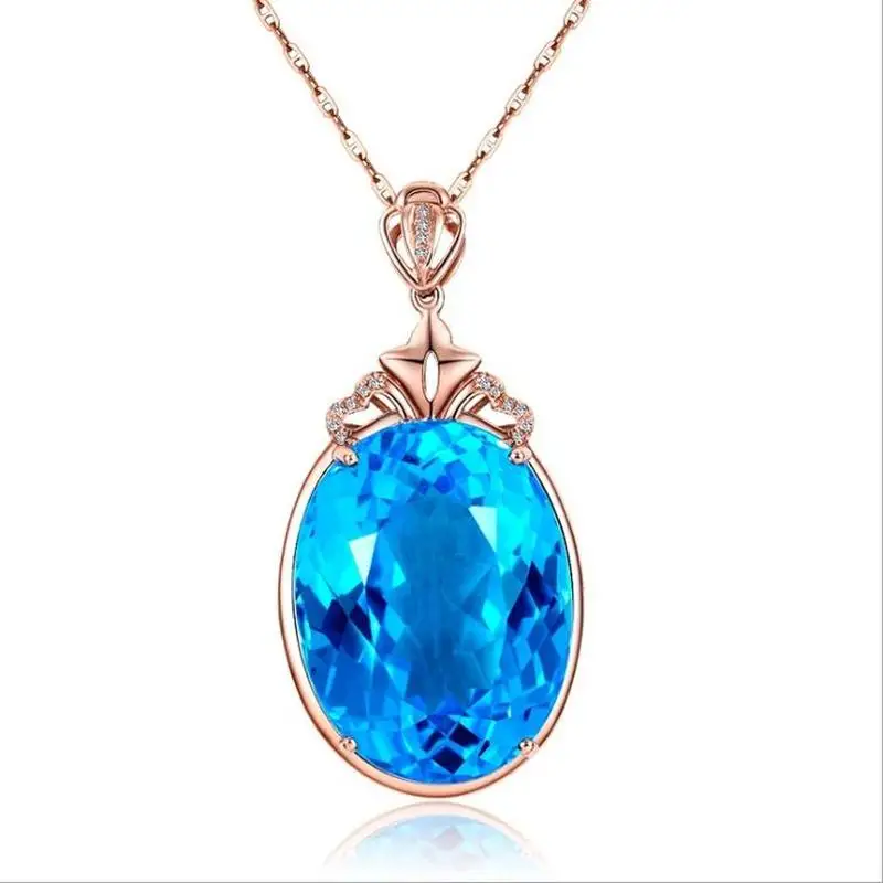 

TJP Vintage Zircon Oval Blue Pendant Necklace For Women Accessories New Fashion Ladies Rose Gold Choker Necklace Female Jewelry
