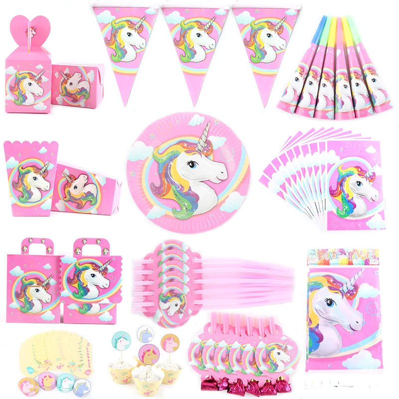 Unicorn Theme Cartoon Party Set Balloon Tableware Plate Napkins Banner Birthday Candy Box font b Baby