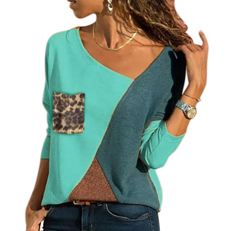 

Women Autumn T-shirts Long Sleeves Round Neck Contrast Color Patchwork Pullover Tops XRQ88