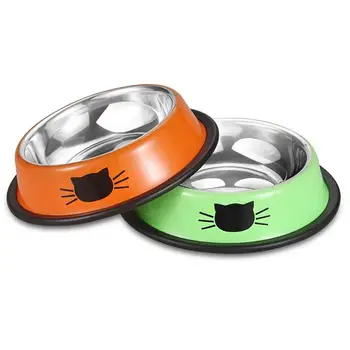 

2PCS Pet Bowls Stainless Steel Dog Cat Food Bowl Water Dish with Non-skid Rubber Hoop Cat Kitty's Puppy bowl orange green
