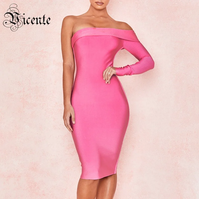 

Vicente HOT 2019 New Chic Elegant Hot Pink One Shoulder Knee Length Celebrity Wholesale Women Bandage Dress