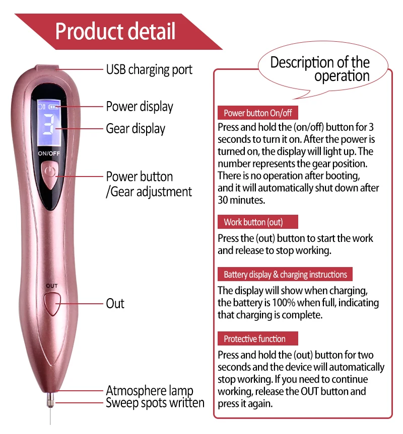 Rose Gold Plasma Pen Laser Skin Mole Removal Dark Spot / Acne /Freckle /Wart Remover No Side Effects Medical Beauty Instrument