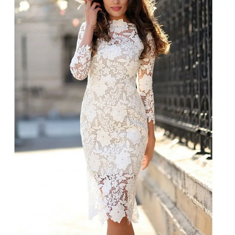 Белое кружевное платье с круглым вырезом на молнии, тонкое облегающее платье, летнее элегантное женское платье-карандаш