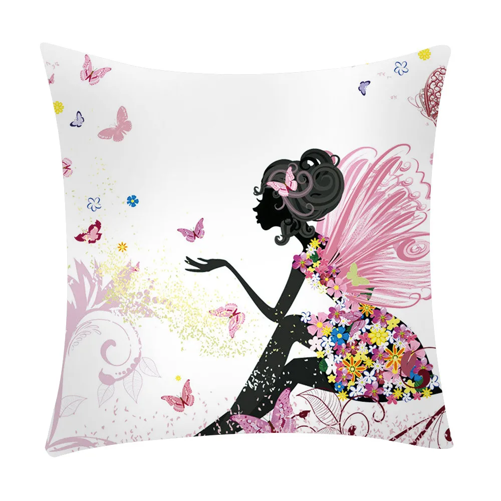 

Flowers Butterflies Printed Cushion Cover Fairy Girl Polyester Throw Pillow Sofa Home Decorative Pillow Case Living Room Decor