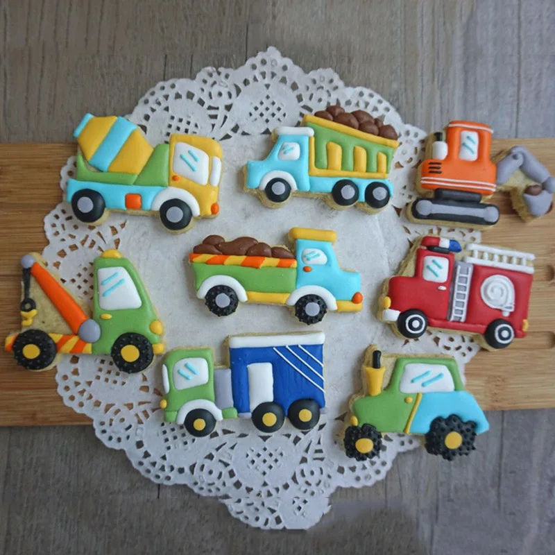 

Cookies Cutters Vehicle Machinery Truck Shape Fondant Molds Mixer Crane Car Fire Engine Biscuits Moulds DIY Cake Decoration Tool