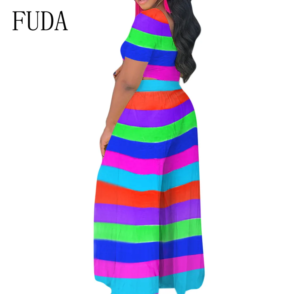 FUDA Two Pieces Sets Striped Wide Leg Jumpsuits Elegant O-neck Short Sleeve Top and Loose Pants Women Summer Casual Bodysuits FUDA Two Pieces Sets Striped Wide Leg Jumpsuits Elegant O-neck Short Sleeve Top and Loose Pants Women Summer Casual Bodysuits
