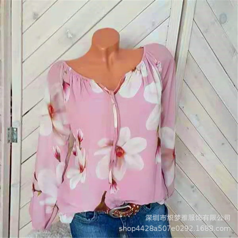 Женская рубашка большого размера, лето, Новая женская блузка, с принтом, на одно плечо, v-образный вырез, с длинным рукавом, свободная, размер плюс, блузка - Цвет: Розовый