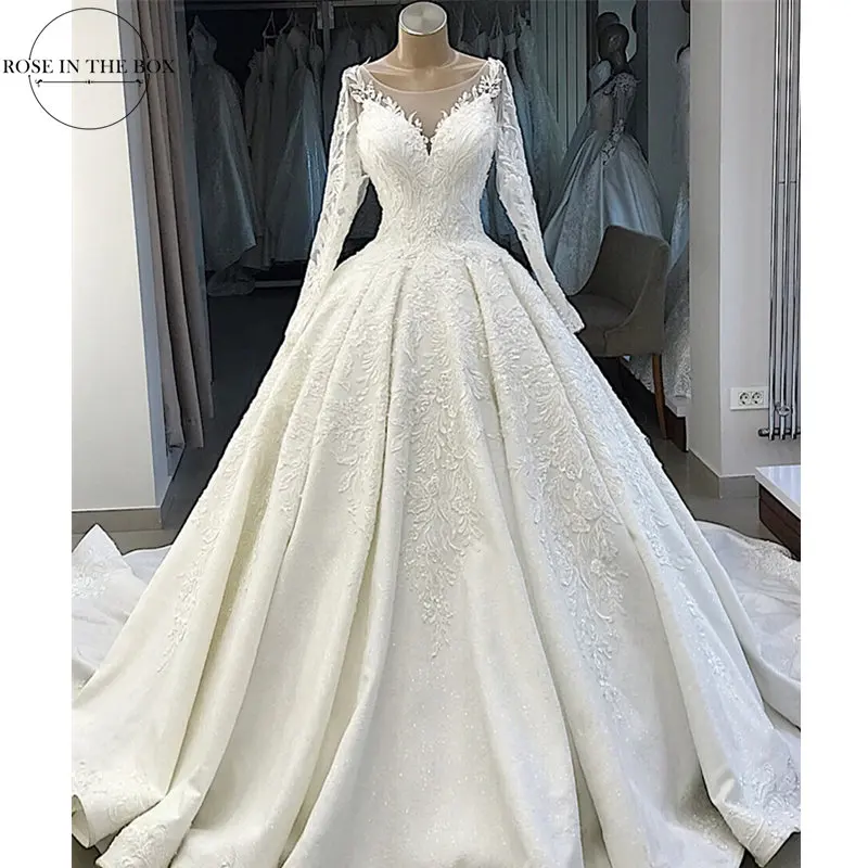 Superpromocion Vestido De Novia Elegante Blanco Con Apliques De Encaje Vestido De Novia 2019 Ilusion Manga Larga Vestido De Novia Talla Grande Gelinlik May 2020