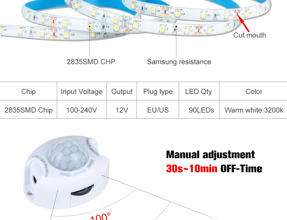 Светодиодный светильник SMD 2835 с датчиком движения, водонепроницаемый, с датчиком волн, диодный ленточный светильник, умный Ночной светильник, освещение для спальни и лестницы