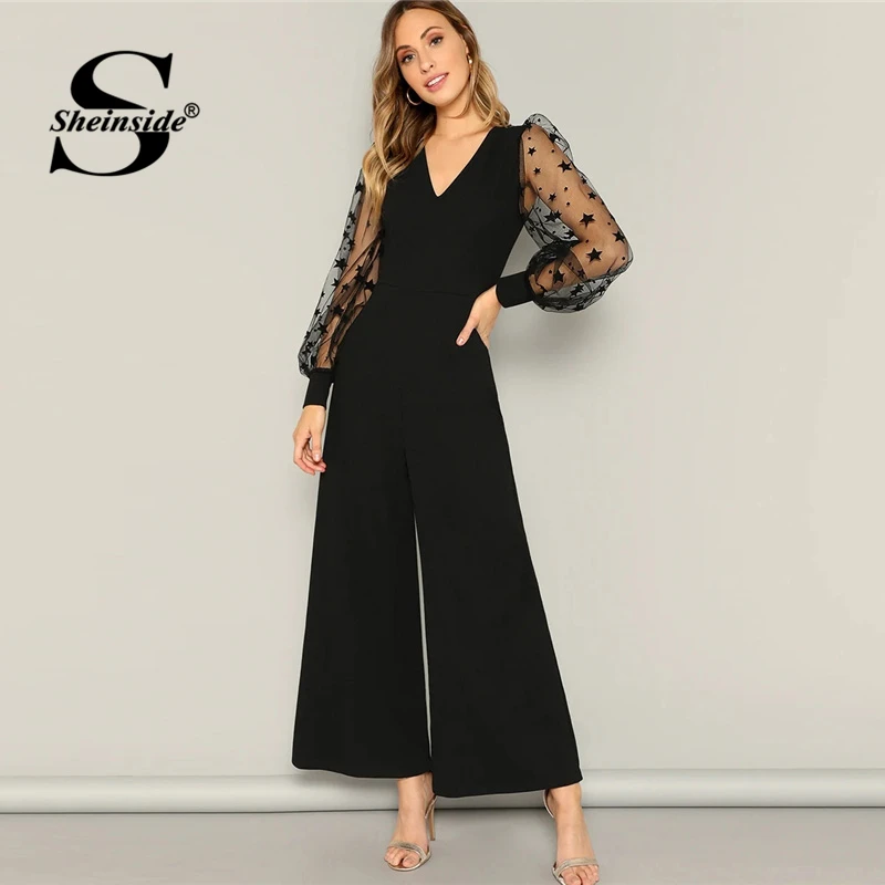 

Sheinside Black Star Print Mesh Sleeve Patchwork Jumpsuit Women 2019 Spring High Waist Wide Leg Jumpsuits Ladies V Neck Jumpsuit