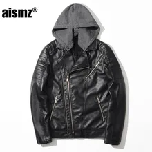 Aismz Male Detachable font b leather b font hooded font b jacket b font Black Biker