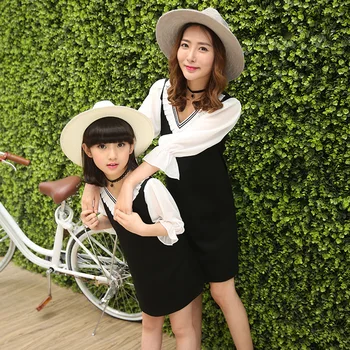 

Summer Baby Girls and Mother Clothes Chiffon Polyester Fibre Dress Country Style Black White Leisure Dress