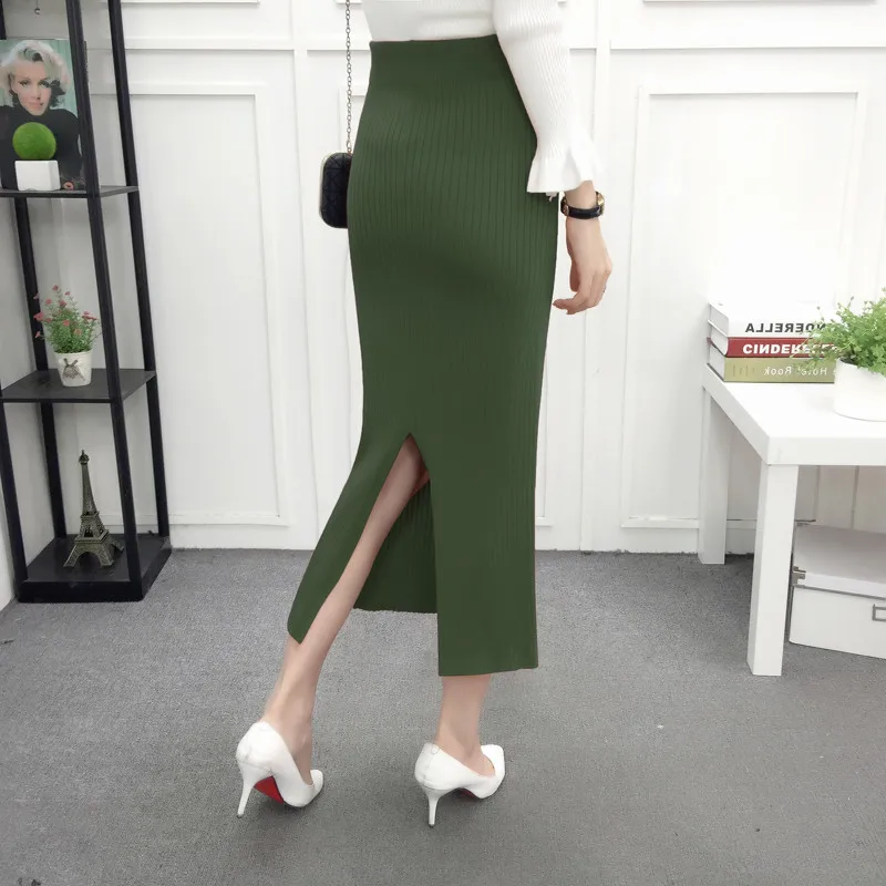 ELEXS женская зимняя Длинная шерстяная юбка, юбка-карандаш с эластичной талией, Женская офисная юбка, винтажная Женская Осенняя юбка E1123 - Цвет: Армейский зеленый