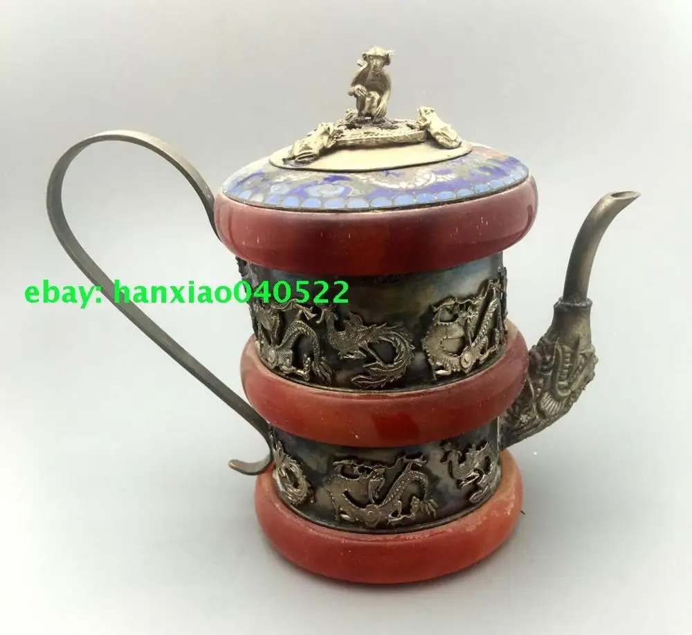 FINE CHINESE COLLECTABLE OLD JADE HANDWORK ARMORED DRAGON LEO TEA POT ORNAMENT
