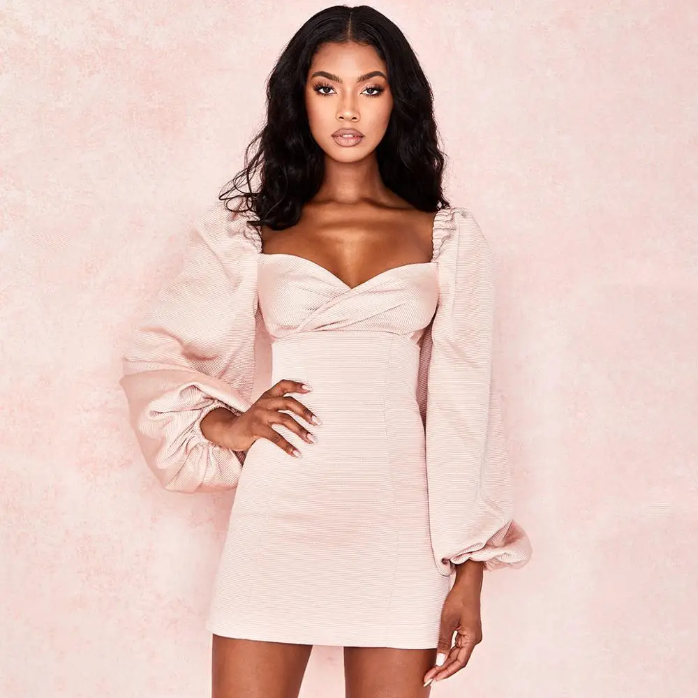 

AHVIT Solid Color New Style Long Puff Sleeve Deep V Neck Women Dress Sexy Slim Fit Elegant Party Bandage Dress YE-D1734258