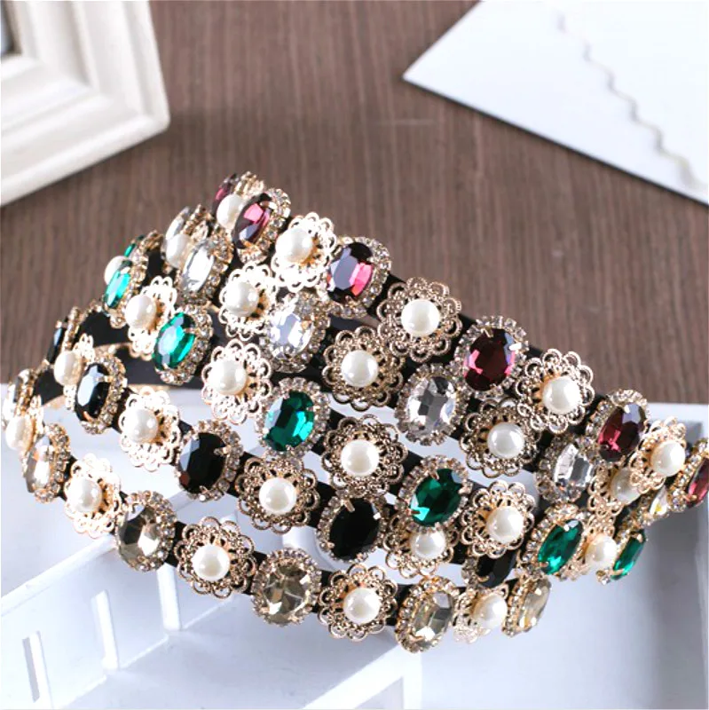 

Hot Sell Baroque Luxury Crystal Hairband Vintage Women Retro Crystal Water Drill Headdress Pearl Colorful Hair Jewelry