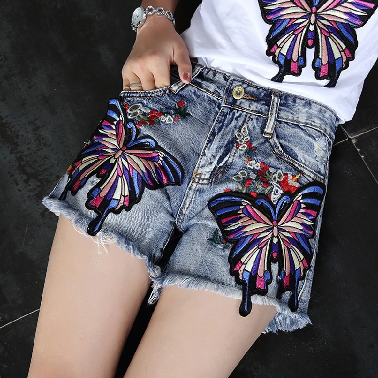 2018 летняя обувь для девочек студент Новый стиль бабочка цветок вышитые Gloria женские джинсовые шорты универсальные тонкие джинсовые шорты