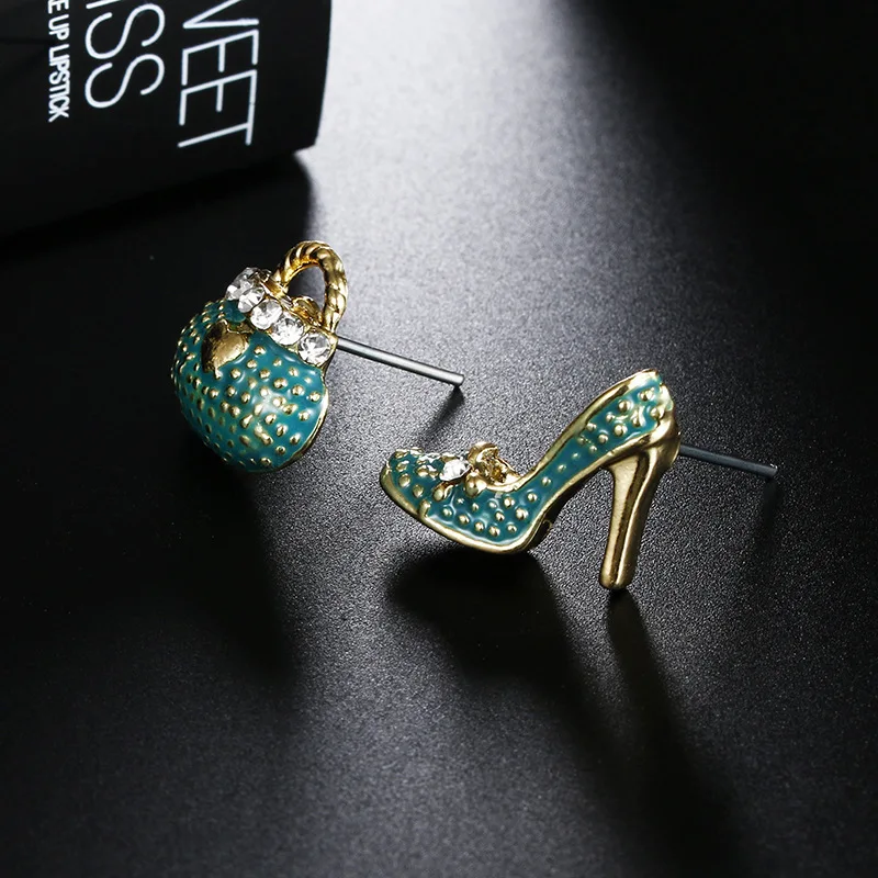

New Trendy High-heeled Shoes Handbag Shape Stud Earrings For Women Colorful Cartoon Asymmetrical Crytstal Earring Gift