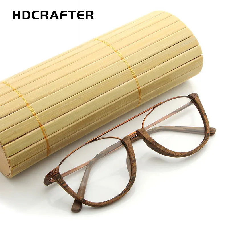 HDCRAFTER Vintage Semi Rimless Eyeglasses Wood Optical Glasses Frame