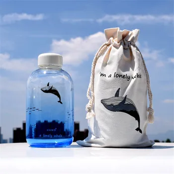 

600ml Glass Water Bottle with bag Whale pattern Cartoon ocean My water glass bottle Fruit Outdoor Sport School Bike water bottle