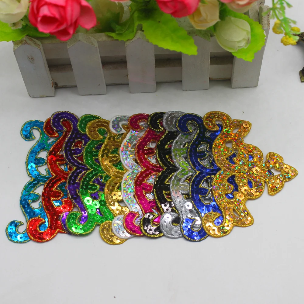 

YACKALASI 20 Pieces/Lot Sequined Appliqued Small Flower Cosplay Costume Trims Gold and Silver Iron On Patches 9.5*5.5CM