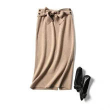 Temperament Waist Bow Knitting Skirt with Back slit Winter skirt